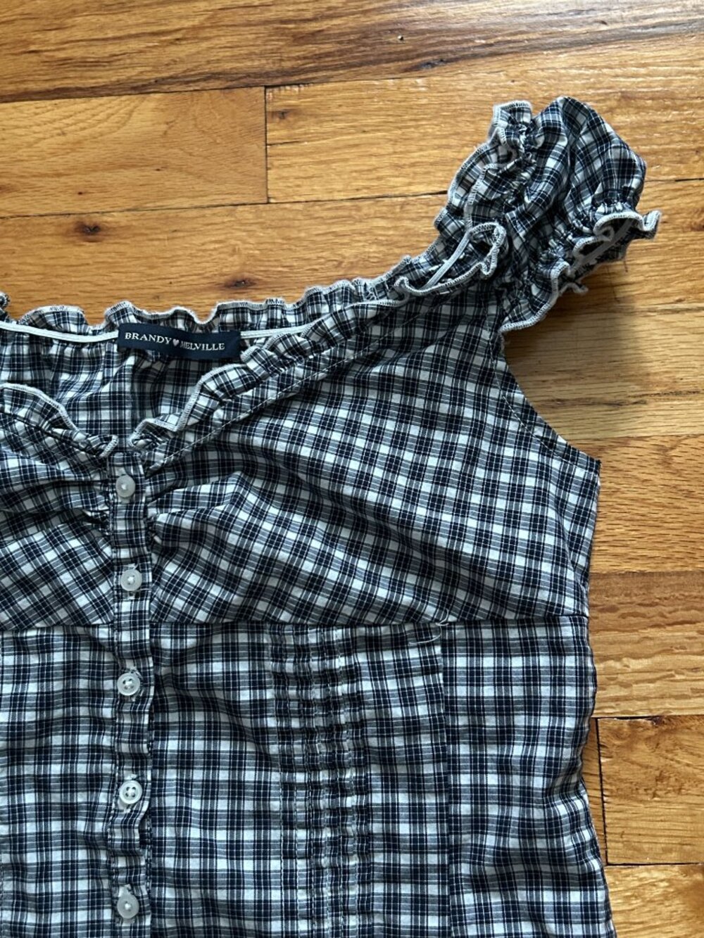 Brandy Melville Dark Blue Gingham Top Women's Ruffled Sleeves Neckline Button-Up - Picture 6 of 11